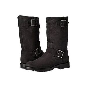 Frye Natalie Mid Engineer Black Soft Tumbled Nubuck Leather Buckle Boots 6.5